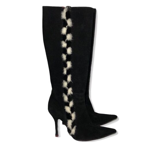 Escada Knee High Boots Sz 38.5 US 8.5 Black Leather Mink Trim Pointed Toe Italy